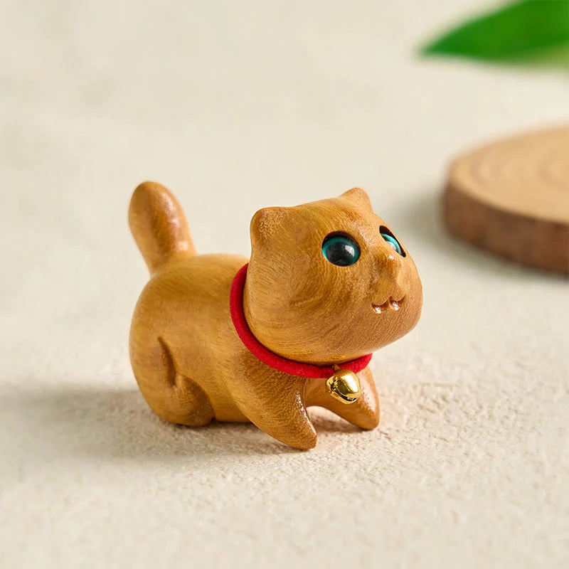 Buddha Stones Mini Sandalwood Carved Lucky Confident Cat Healing Decoration