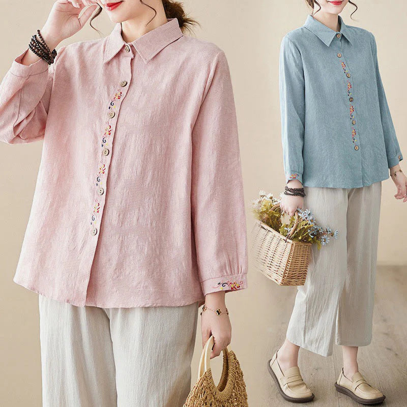 Buddha Stones Spring Plain Embroidered Flower Pattern Button Women's Long Sleeve Cotton Lapel Shirt