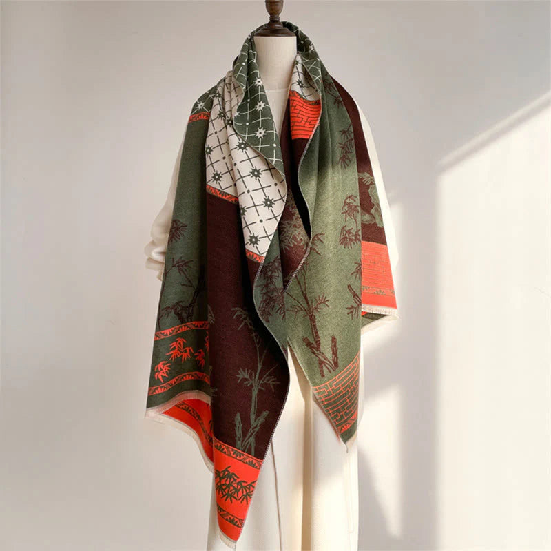 Buddha Stones Winter Bamboo Leaf Little Bird Pattern Cozy Scarf Shawl