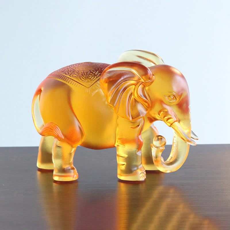 Buddha Stones Yellow Liuli Crystal Elephant Trunk Up Down Design Strength Home Decoration