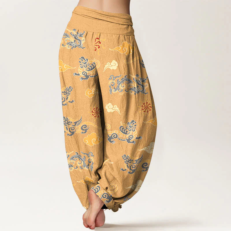 Buddha Stones Cotton Gorgeous Dragon Auspicious Beast Cloud Pattern Women's Elastic Waist Harem Pants