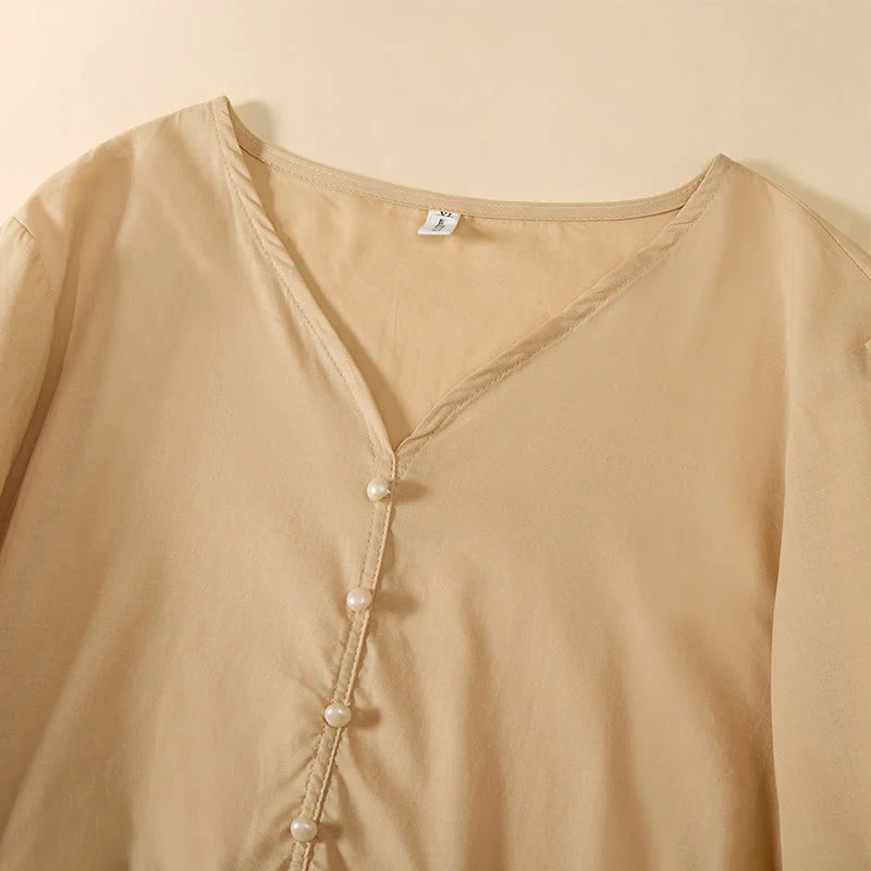 Buddha Stones Summer Solid Color V-Neck Decorative Buttons Design Women's Short Sleeve Shirt