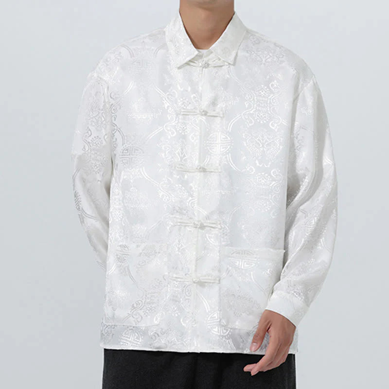 Buddha Stones Spring Jacquard Lapel Long Sleeve Men's Tang Suit Frog-Button Jacket With Pockets