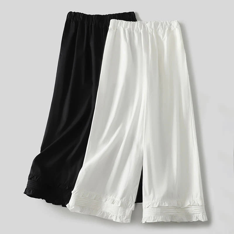 Buddha Stones Artistic Commute Pure Color Ruffled Hem Design Women's Cotton Linen Pants With Pockets