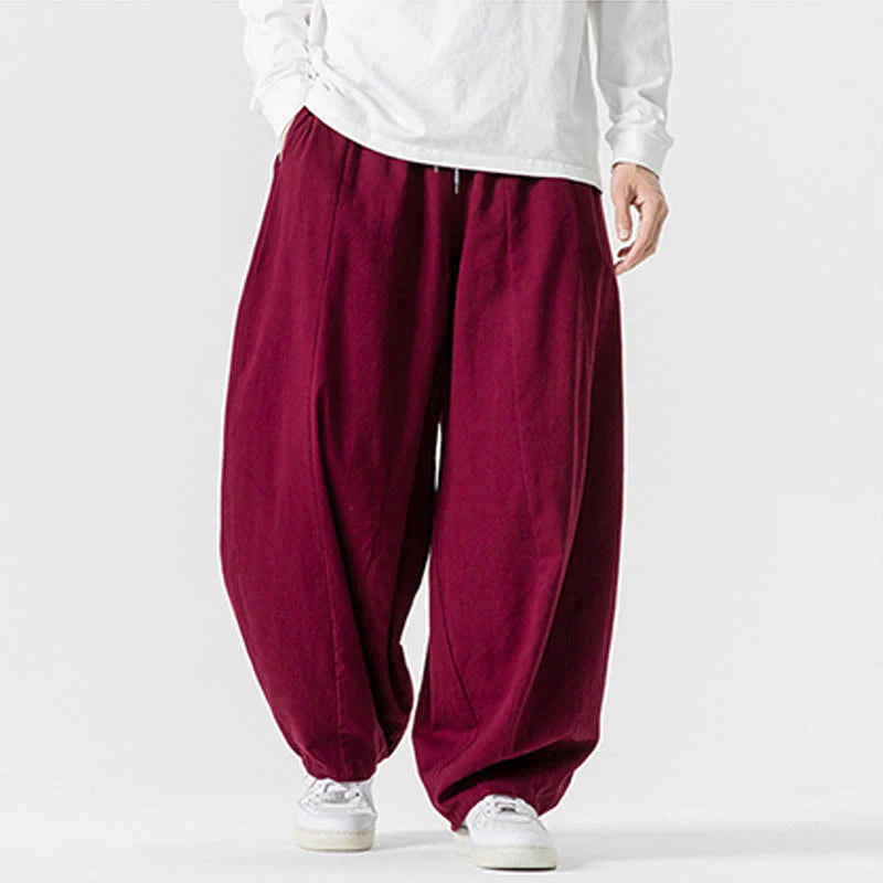 Buddha Stones Winter Commute Plain Drawstring Design Men's Wide Leg Cotton Pants With Pockets