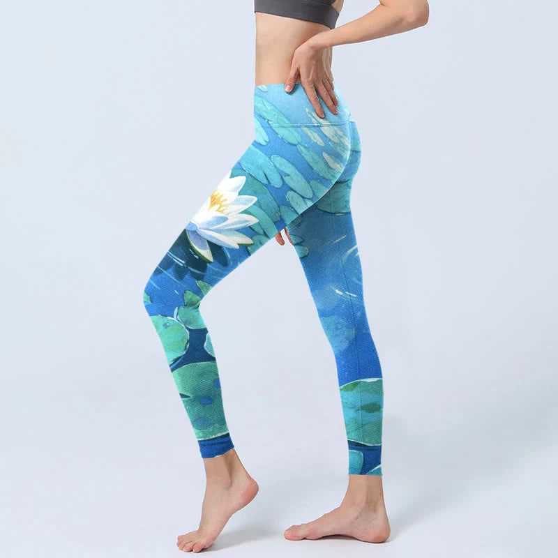 Buddha Stones White Lotus Flower Green Lotus Leaves Pattern Print Gym Leggings Women's Yoga Pants