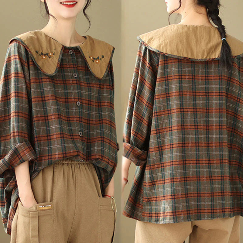 Buddha Stones Embroidered Plaid Pattern Cotton Women's Shirt