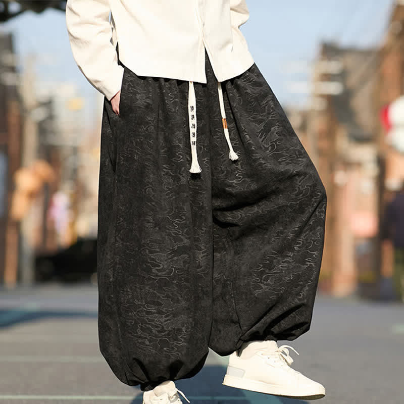 Buddha Stones Black Jacquard Drawstring Elastic Cuff Men's Harem Pants With Pockets