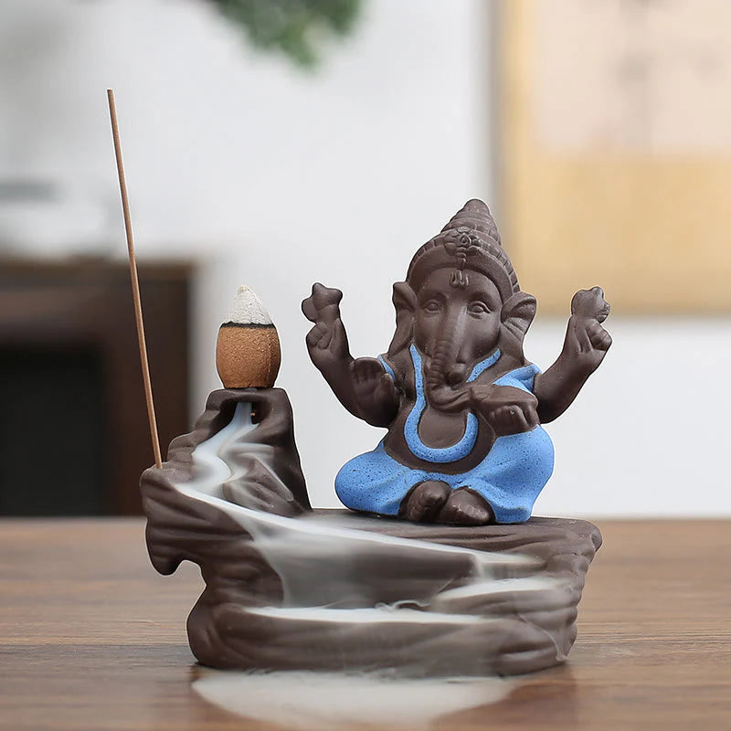Buddha Stones Ganesh Elephant Purple Clay Backflow Smoke Fountain Protection Stick Incense Burner