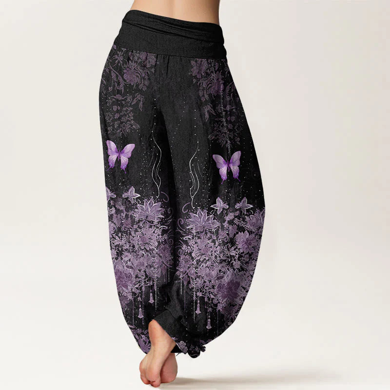 Buddha Stones Cotton Butterfly Floral Pattern Women's Elastic Waist Harem Pants