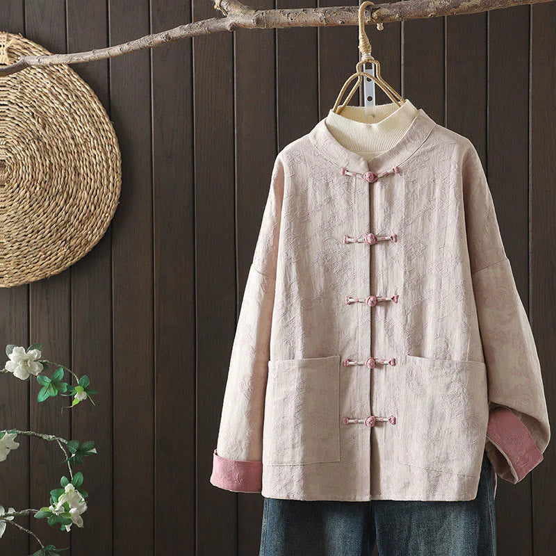 Buddha Stones Casual Women's Flower Pattern Long Sleeve Stand Collar Cotton Shirt