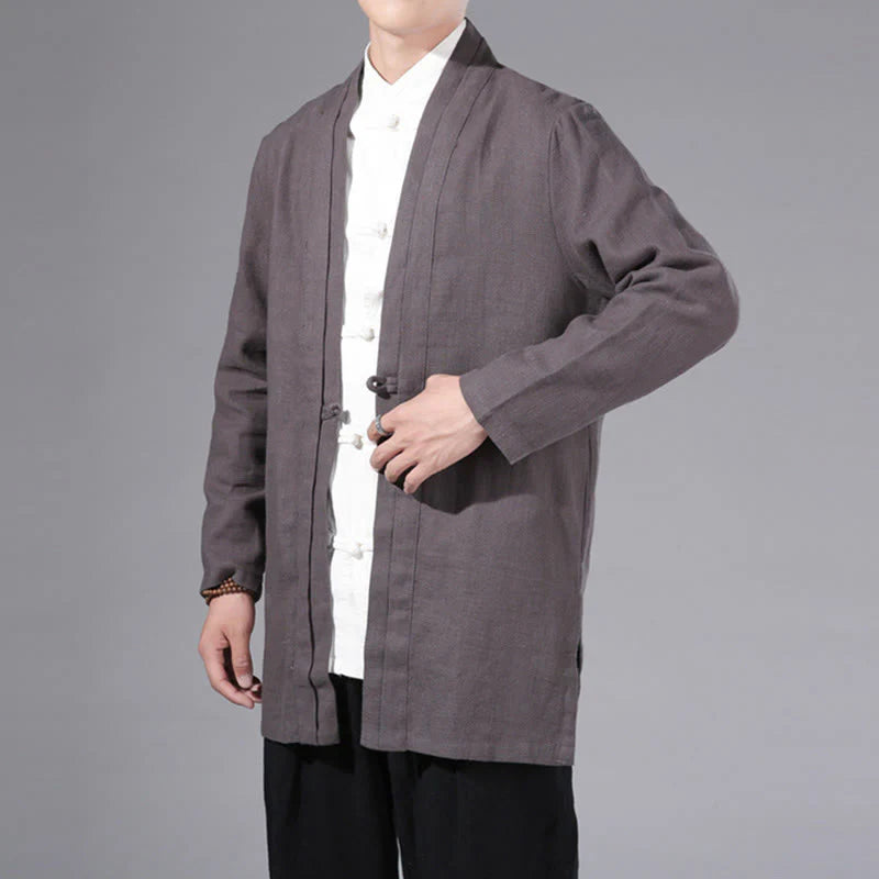Buddha Stones Plain Simple Design Open Front Cotton Linen Men's Long Sleeve Jacket Kimono