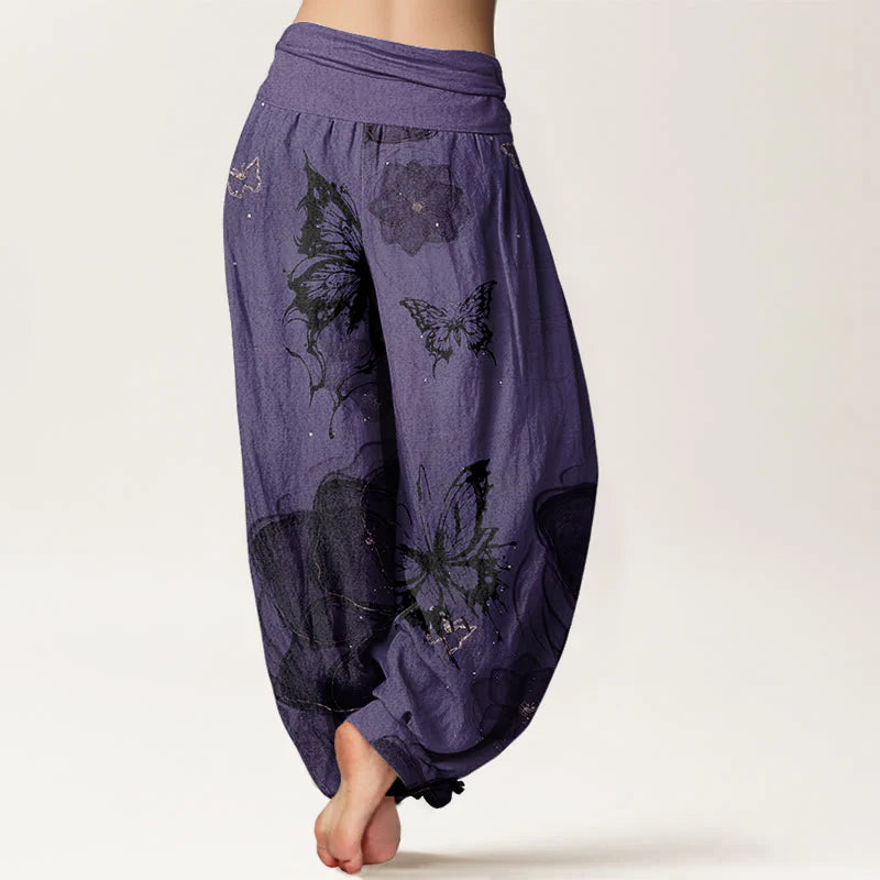 Buddha Stones Cotton Butterfly Flowers Pattern Women's Elastic Waist Harem Pants