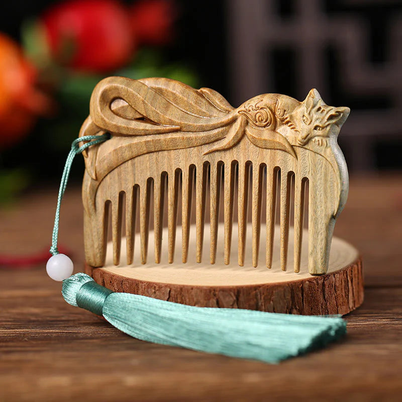 Buddha Stones Green Sandalwood Fox Peony Flower Lotus Engraved Cure Tassel Comb