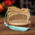 Buddha Stones Green Sandalwood Fox Peony Flower Lotus Engraved Cure Tassel Comb