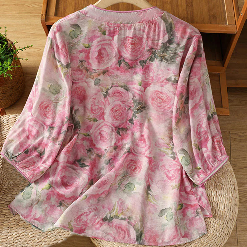 Buddha Stones Printing Floral Plain Chinese Frog-Button Women's Cotton Three Quarter Sleeve Shirt