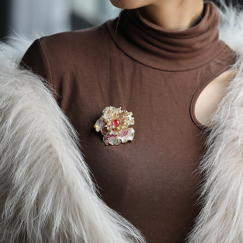 Buddha Stones Peony Flower Prosperity Copper Brooch