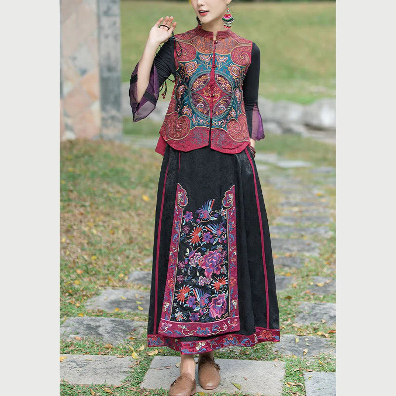 Buddha Stones Vintage Style Embroidery Flower Tang Suit Design Sleeveless Vest