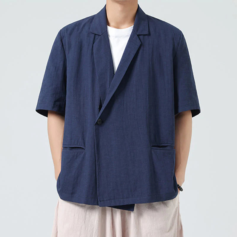 Buddha Stones Spring Plain Asymmetrical Lapel Collar Short Sleeve Men's Cotton Linen Shirt With Pockets