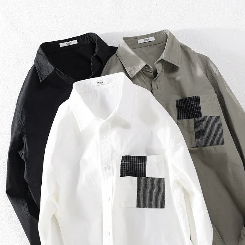 Buddha Stones Fall Square Color Blocking Decorative Pocket Buttons Down Stand Collar Long Sleeve Men's Cotton Shirt