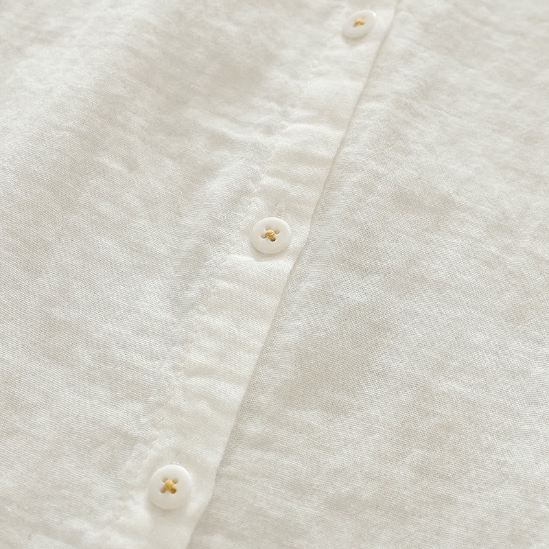 Buddha Stones Fall White Geometric Embroidery Buttons Women's Cotton Long Sleeve Shirt