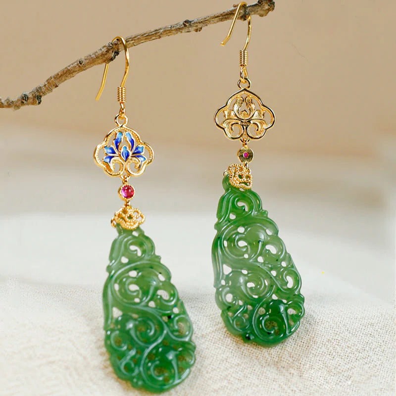 Buddha Stones Hollow Hetian Jade Enamel 925 Sterling Silver Prosperity Earrings
