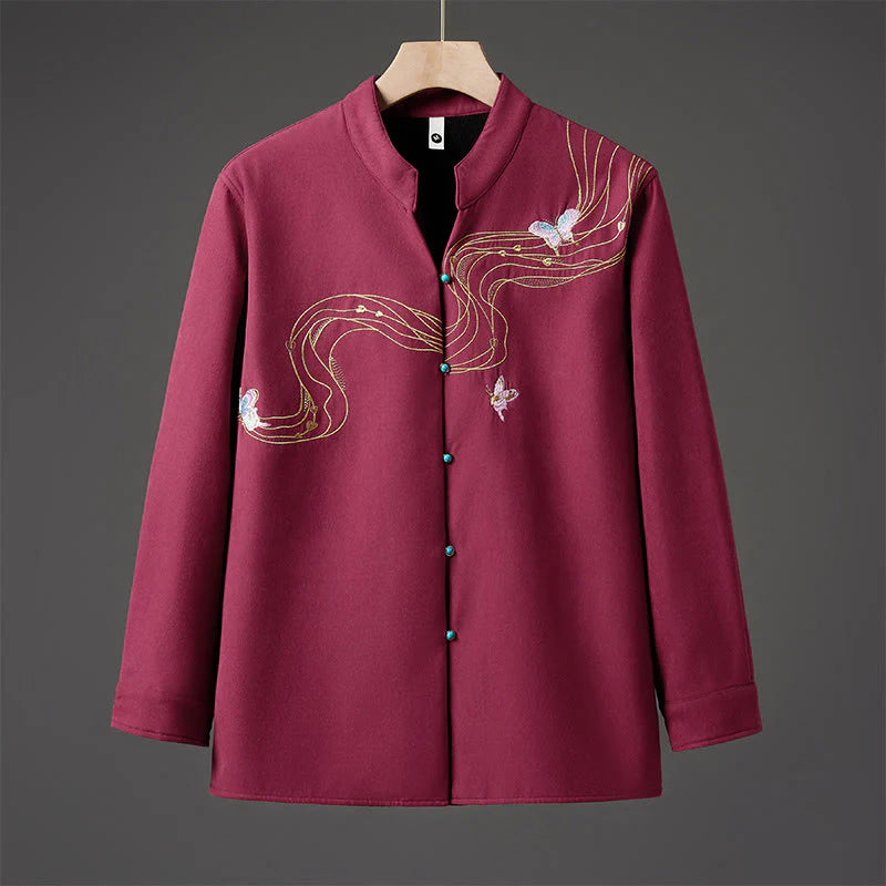 Buddha Stones Winter Embroidered Butterfly Ribbon Fleece-Lined Men's Cotton Long Sleeve Jacket