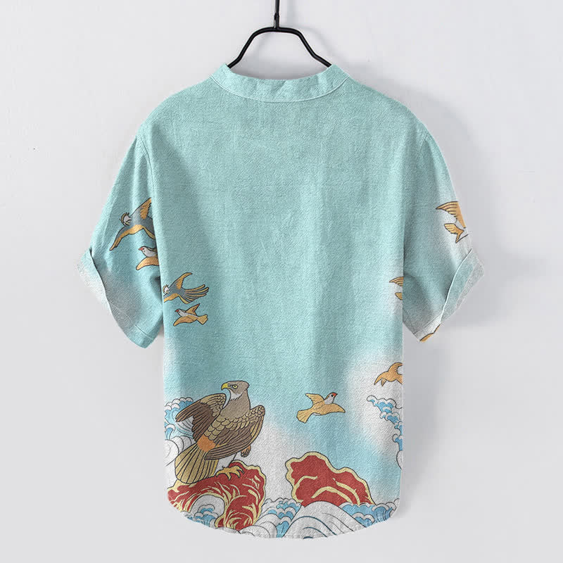 Buddha Stones Cotton Ocean Bird Wave Rock Print Men's Short Sleeve Half Button Shirt