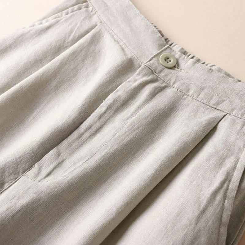 Buddha Stones Commute Solid Color 7-8 Length Cotton Linen Women's Wide Leg Pants With Pockets