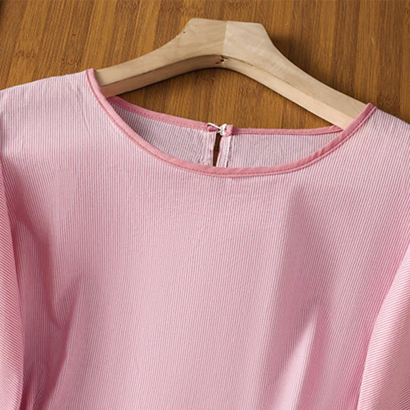 Buddha Stones Pullover Stripes Crew Neck Design Women's Cotton Short Sleeves Shirt