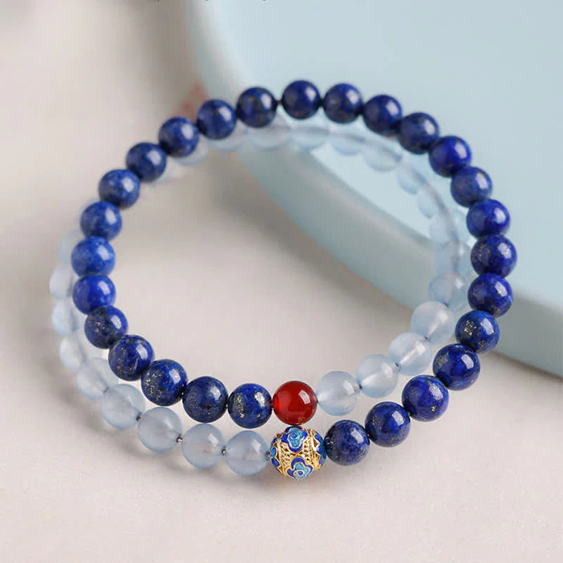 Buddha Stones Lapis Lazuli Aquamarine Red Agate Double Wrap Design Balance Bracelet