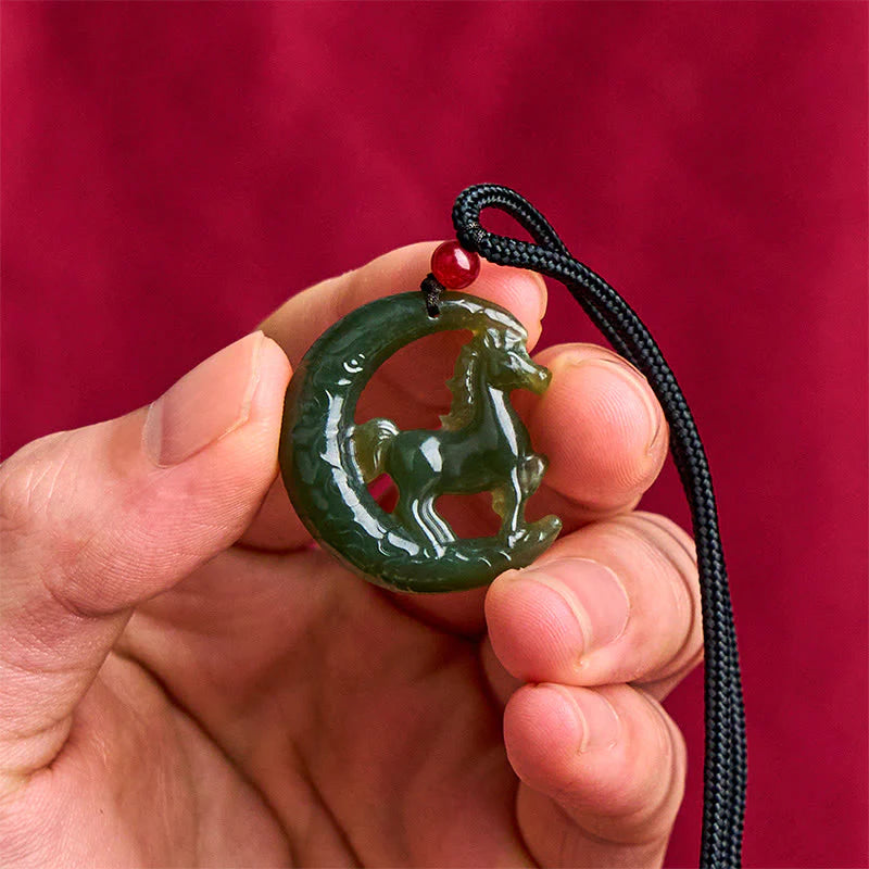 Buddha Stones Chinese Zodiac Year Of The Horse Charm Carved Jade Luck Prosperity Necklace Pendants