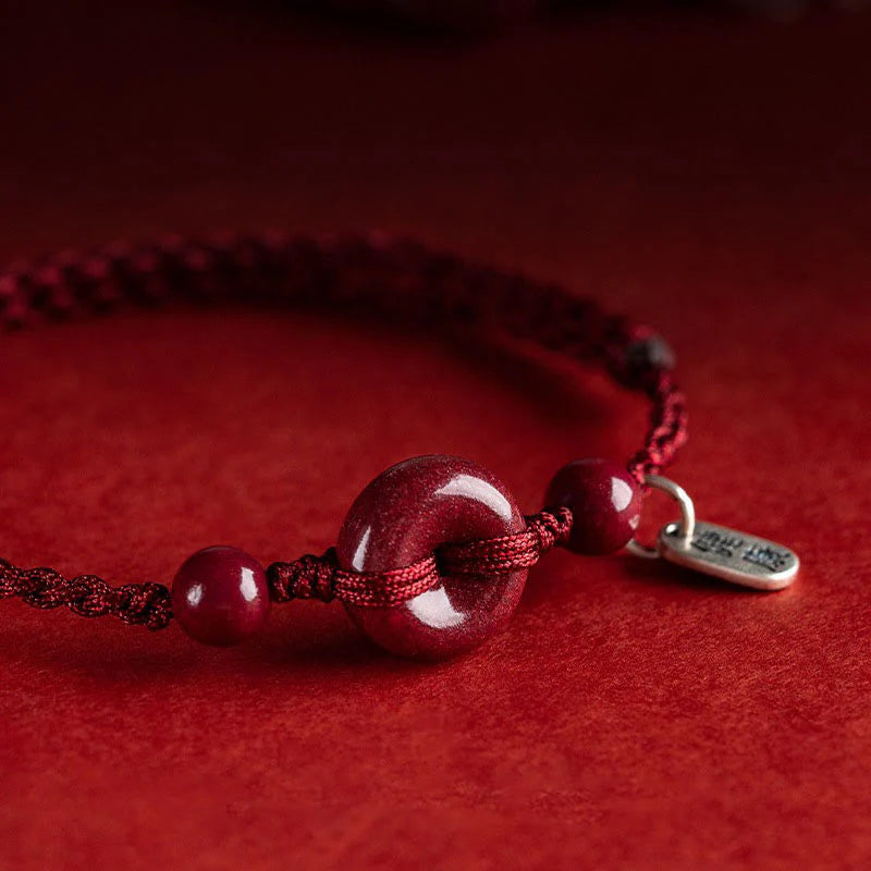 Buddha Stones Handmade Cinnabar Peace Buckle Safe and Healthy Charm Blessing String Bracelet Anklet