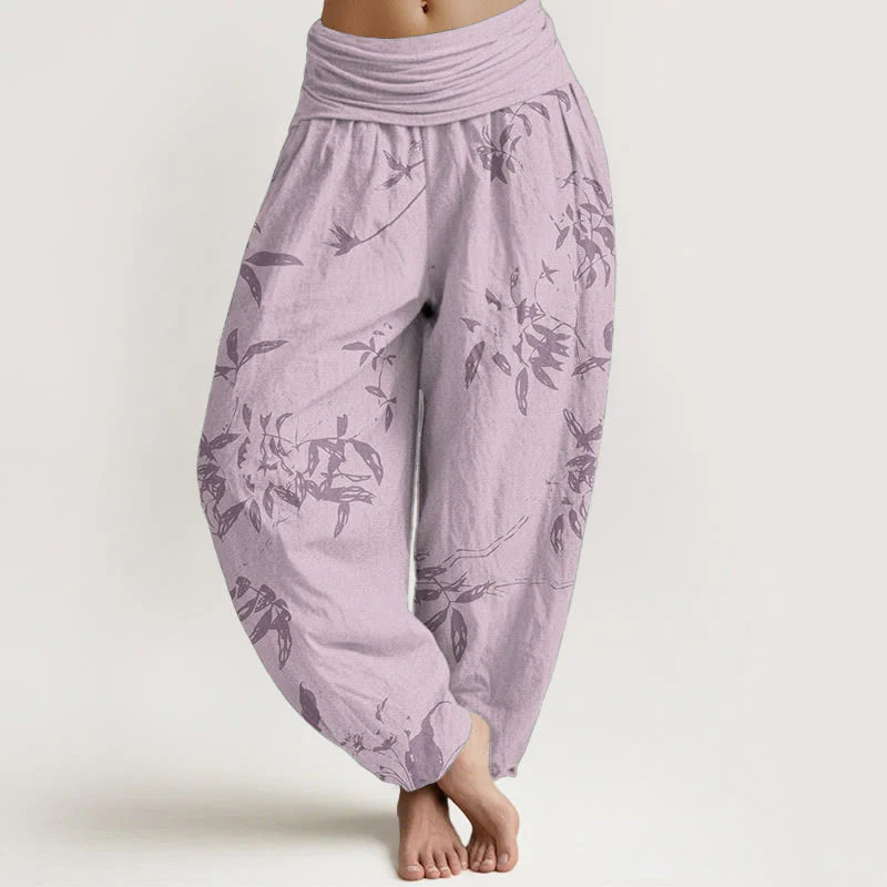 Buddha Stones Cotton Branch Pattern Women's Elastic Waist Harem Pants