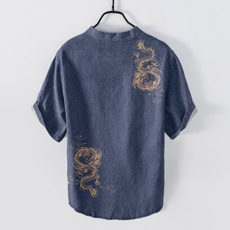 Buddha Stones Cotton Dragon Men's Short Sleeve Half Button Shirt