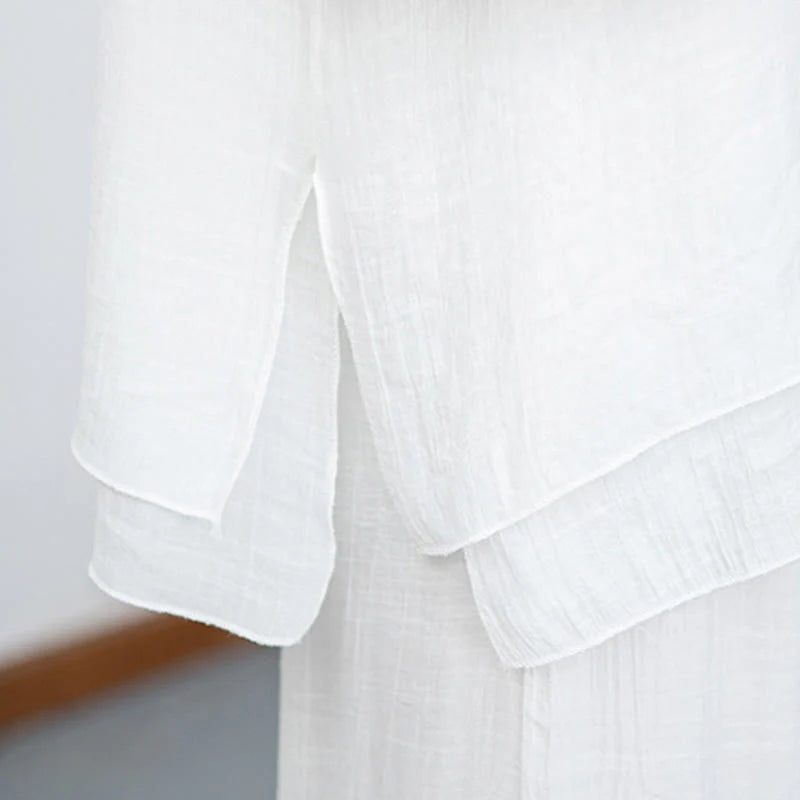 Buddha Stones 2Pcs White Long Sleeve V-Neck Shirt Wide Leg Pants Meditation Women's Set