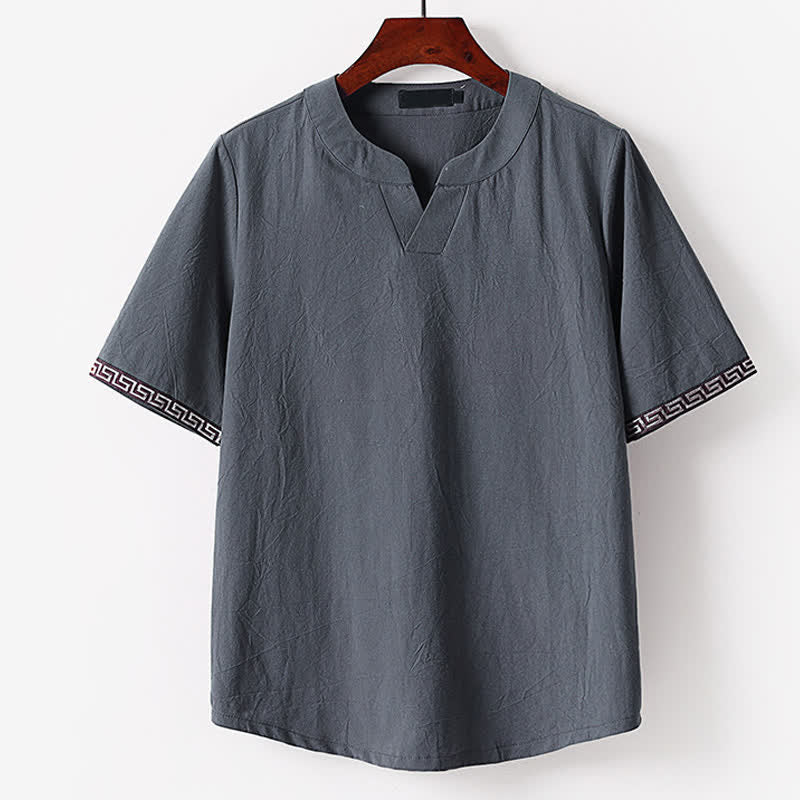 Buddha Stones Summer Embroidered Short Sleeve Notched Collar Men's Cotton Linen T-Shirt