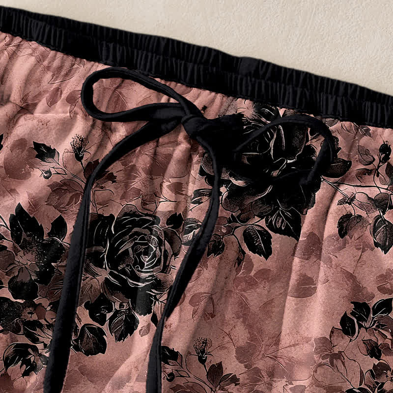 Buddha Stones Pure Cotton Rose Pattern Elastic Waist Drawstring Women's Pants With Pockets