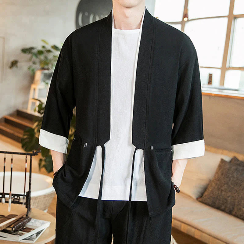 Buddha Stones Lace-Up Design Jacket Cotton Linen Men's Three Quarter Sleeve Kimono With Pockets
