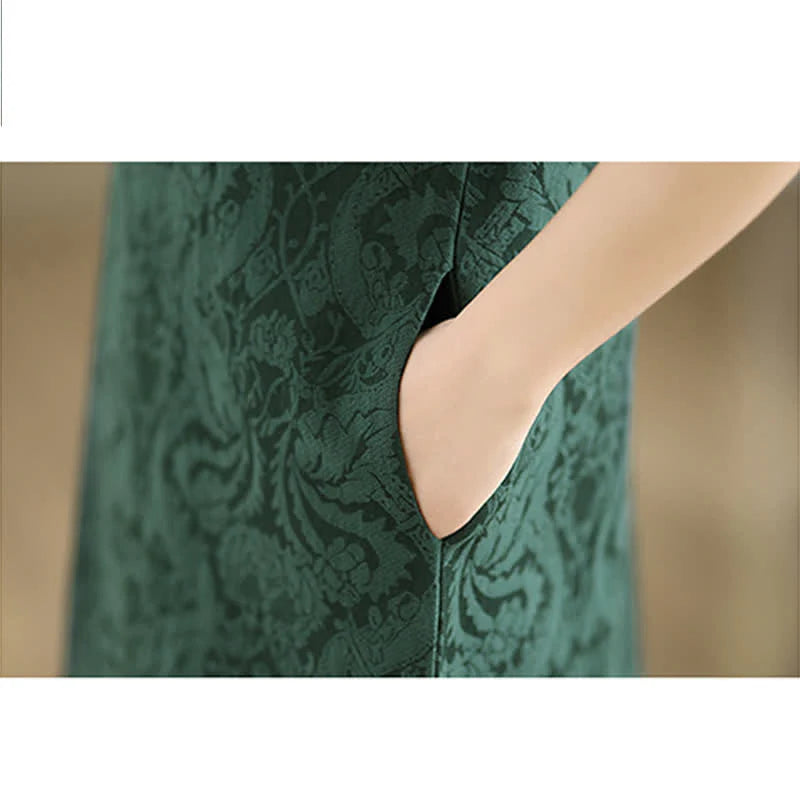 Buddha Stones Mandarin Collar Frog-button Jacquard Pattern Sleeveless Cotton Mini Dress With Pockets