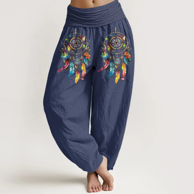 Buddha Stones Cotton Colorful Double Dreamcatchers Pattern High Waist Women's Harem Pants