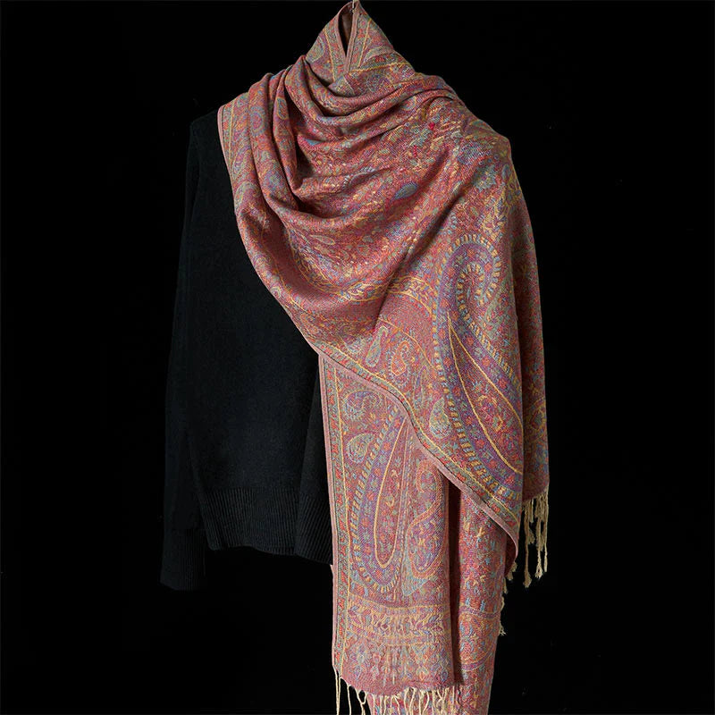 Buddha Stones Spring Red Pink Cashew Flower Geometric Stripes Pattern Tassel Cozy Scarf Shawl