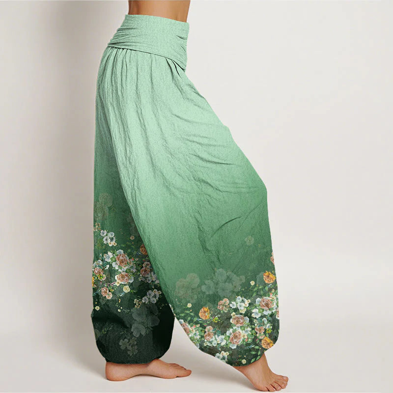 Buddha Stones Cotton Colorful Rose Flowers Design Women's Elastic Waist Harem Pants