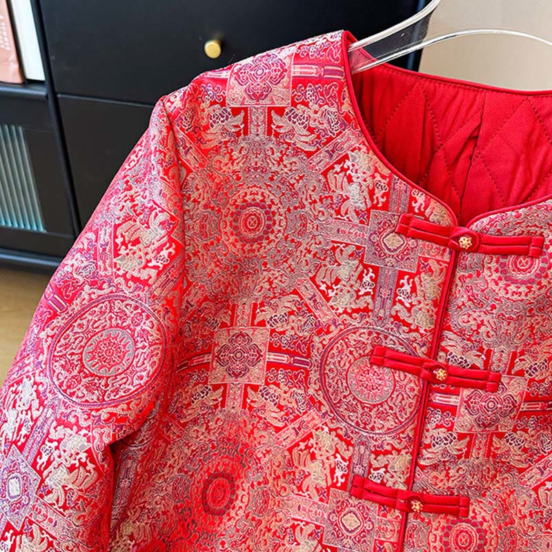 Buddha Stones Women's Jacquard Symmetric Floral Pattern Long Sleeve Jacket With Pockets