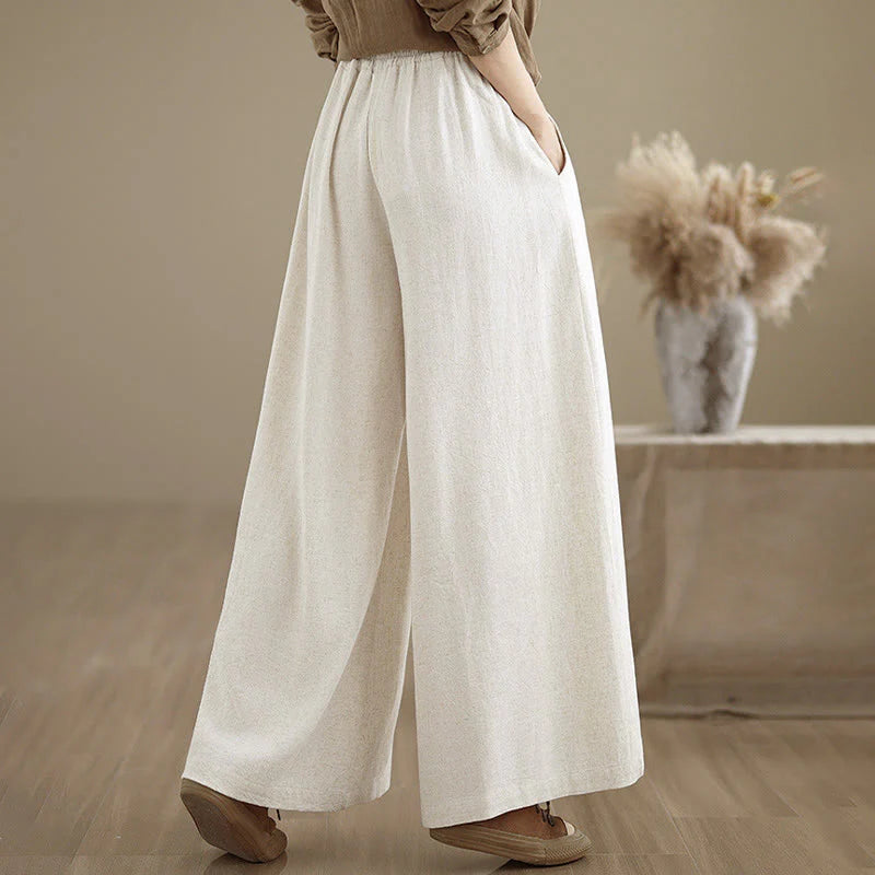 Buddha Stones Women's Pure Color Drawstring Cotton Linen Wide Leg Ankle-Length Pants With Pockets