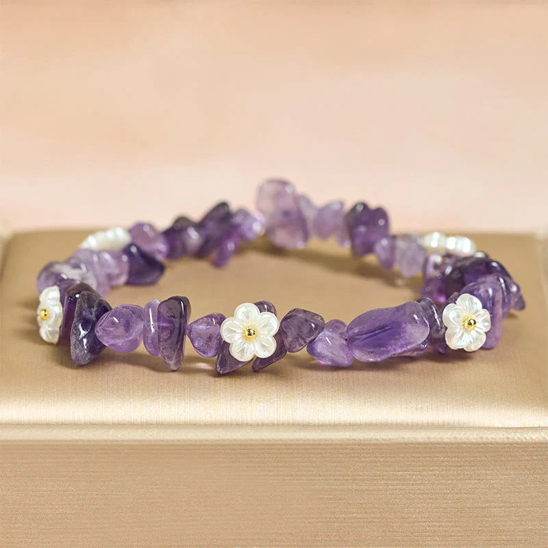 Buddha Stones Irregular Crystal Flower Design Amethyst White Crystal Balance Bracelet