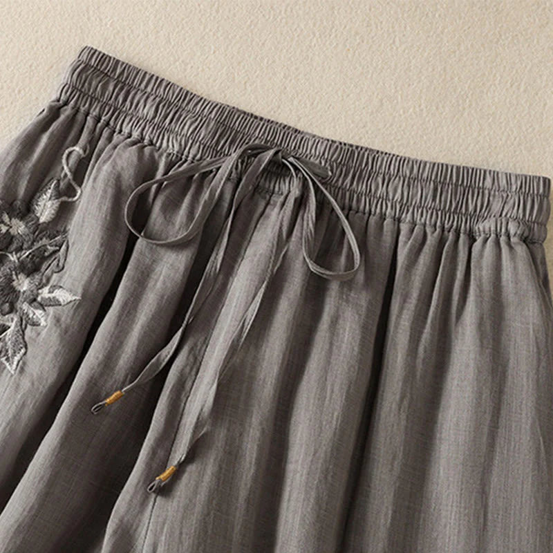 Buddha Stones Commute Embroidery Drawstring Women's Cotton Wide Leg Pants With Pockets