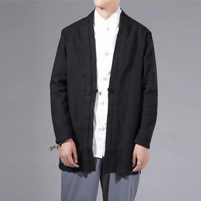 Buddha Stones Plain Simple Design Open Front Cotton Linen Men's Long Sleeve Jacket Kimono