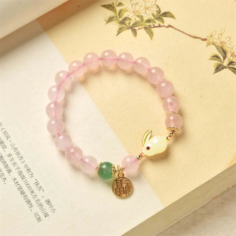Year of the Rabbit Natural Pink Crystal Green Agate Bunny Love Happiness Bracelet