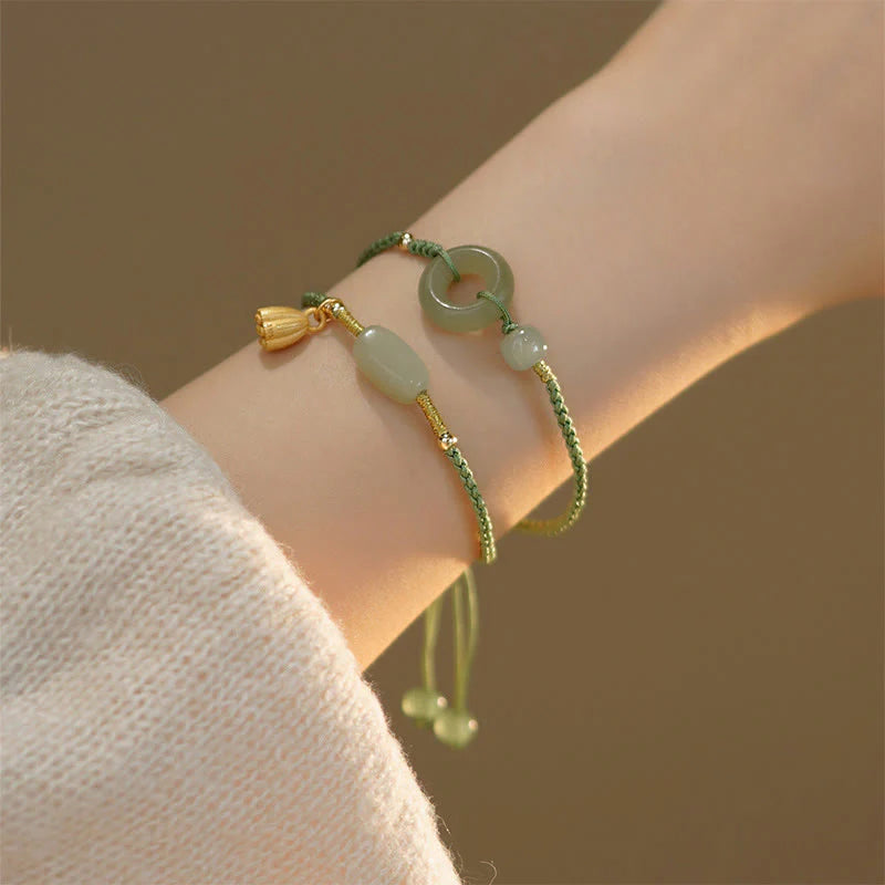 Buddha Stones Lotus Jade Peace Buckle Bead Luck Happiness Charm String Bracelet